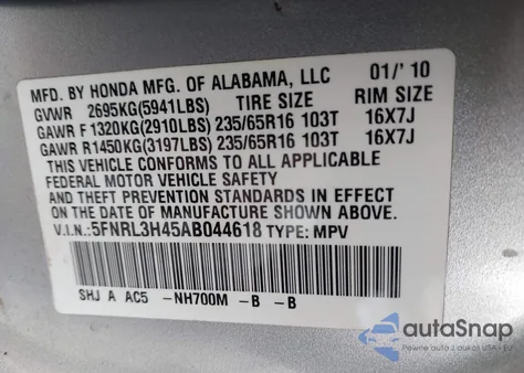 2010 Honda Odyssey Ex from USA, damaged, VIN 5FNRL3H45AB044618
